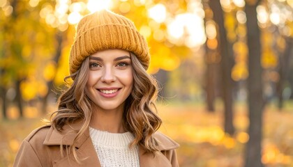 Young woman in autumn park, smiling, wearing a hat, sweater, and coat amid bokeh-lit foliage