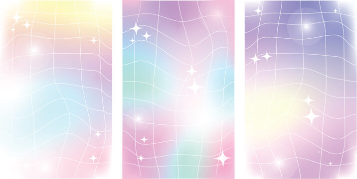 y2k wallpaper Iridescent gradient Mesh gradient background, Groovy retro checkered wavy background 90s 2000s with stars.