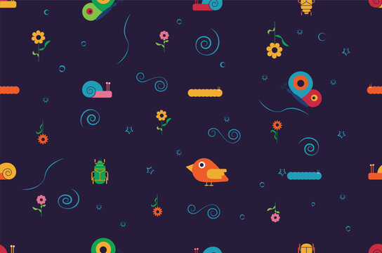 Wild nature seamless pattern. Floral and animals