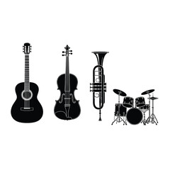 Fototapeta premium Assorted musical instruments including guitar, violin, tuba and drums displayed together in a collection