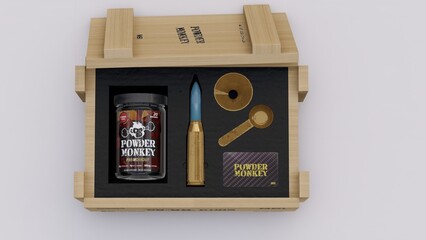 3D render of a tactical fitness supplement kit in a wooden crate with a pre-workout jar and bullet