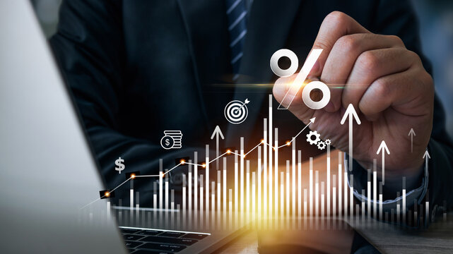 interest rates and dividends, investment returns, income, retirement Compensation fund, dividend tax, Fixed Deposit, Savings Account, Stocks, Finance and investment business growth arrow graph.