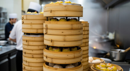 Dim Sum Steamers Stacked in Kitchen