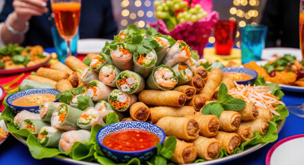 Food Platter with Spring Rolls and Fried Rolls