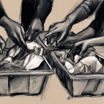 Black and white sketch of multiple hands reaching into rectangular containers