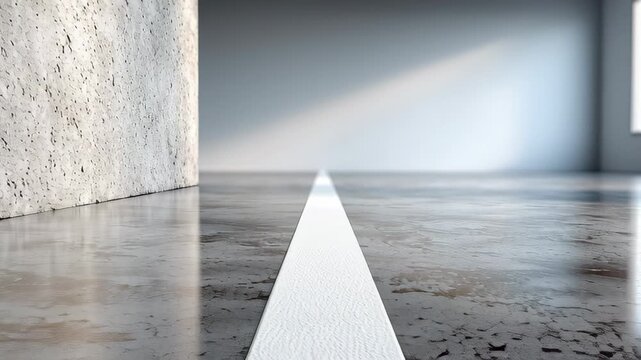 Interior space with polished concrete floor and textured wall, featuring a prominent white line leading towards a bright area, creating a sense of depth and perspective in the setting