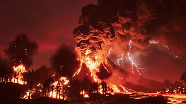 Volcanic eruption with lava and lightning in a fiery landscape 4k video