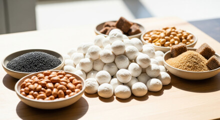 Pile of White Round Sweets with Assorted Bowls of Nuts and Seeds