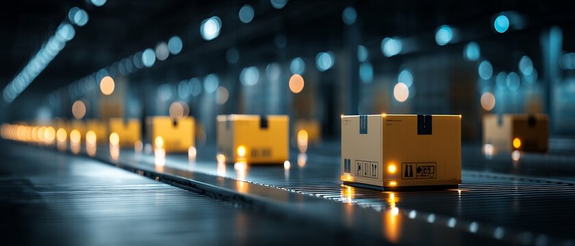 cardboard boxes moving on conveyor belt in warehouse