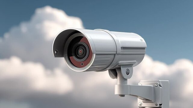 Security camera with a white casing and lens, mounted on a wall, captures a clear view of the sky and clouds, showcasing its design and functionality in a bright outdoor setting