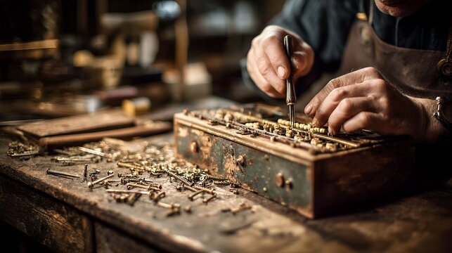 man repairs vintage radio with tools in workshop