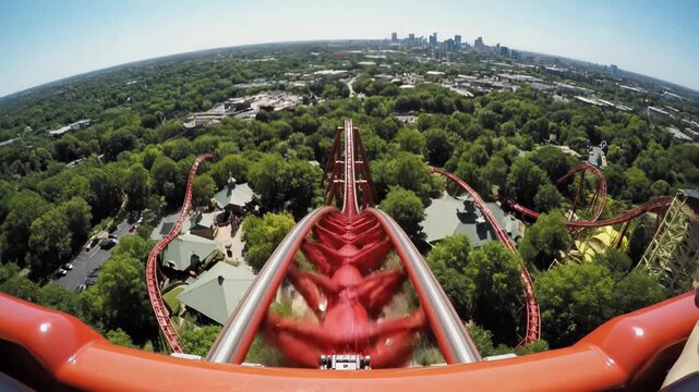 Point of view from a roller coaster with a city skyline in the background on a sunny day 4k video