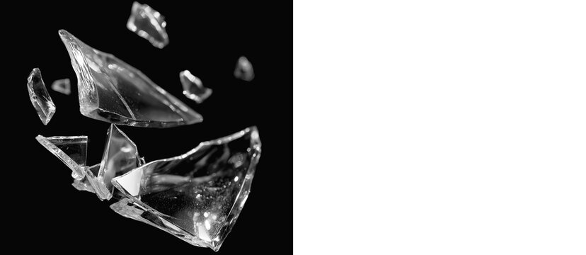 High-quality shattered glass shards flying in the air, perfect for explosion effects and realistic broken glass overlays in PNG format.