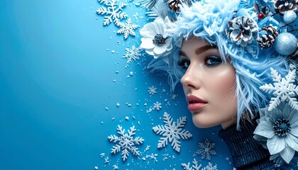 Woman with a snowflake headdress and blue eyeshadow on a wintery blue background