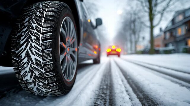 Close-up view of a winter tire on a black car navigating snowy streets, with blurred red taillights of another vehicle visible in the background, showcasing winter driving conditions