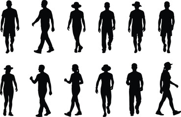 Collection of human silhouettes in various walking postures