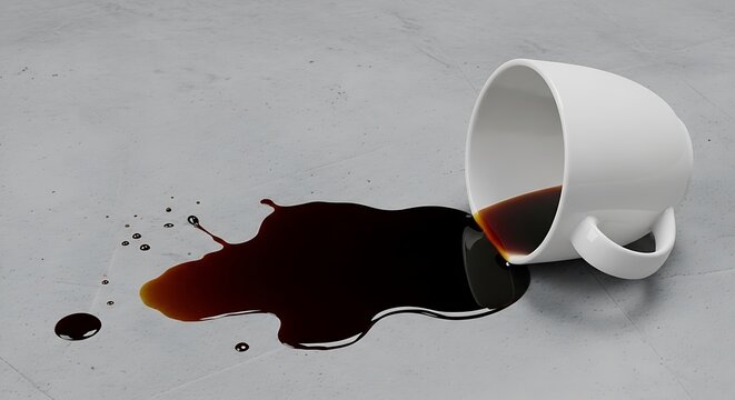 Spilled dark coffee from a white ceramic mug creating a messy brown puddle and splatters on a sleek grey surface, symbolizing a minor daily inconvenience or an unexpected mishap