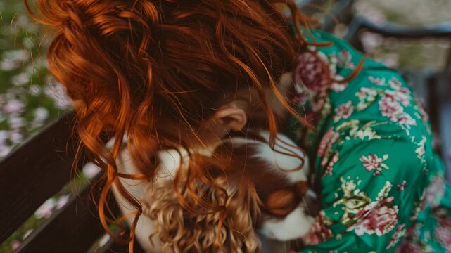 Close up portrait of a beautiful redhead woman in floral dress leaning her face against a cute cavalier king charles spaniel dog sitting on a park bench during spring season outdoors.