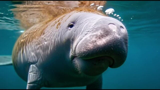 Cinematic 4K underwater video of West Indian manatee (Trichechus manatus) in Crystal River Three Sisters Spring Florida, gentle sea cow swimming with sun rays and floating particles, HDR footage