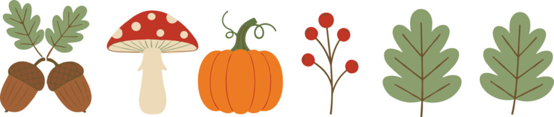 Autumn forest elements collection with acorns pumpkin mushroom berries and leaves isolated flat vector illustration © Kharshad Creative