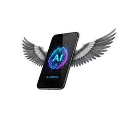 Futuristic Smartphone with Wings and AI Brain Interface - Concept of Fast Artificial Intelligence Technology and Cloud Computing Innovation isolated on a transparent background 