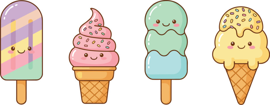 Cute kawaii ice cream and popsicle characters collection with smiling faces flat vector illustration set