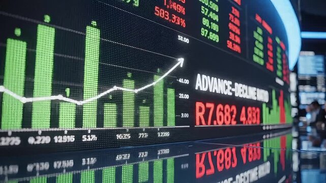 Business professionals analyzing stock market data on large screen display