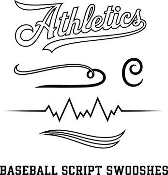 Vintage baseball script swooshes and swashes with dynamic retro wave tails. Athletic lettering and typographic underlines for sports logos, apparel, and branding. 