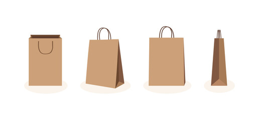 Shopping bag mockups with craft paper packaging isolated on white background. Set of brown craft paper shopping bags shown from different angles illustrated in clean realistic retail package