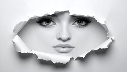 Woman's face peeks through a torn paper hole, with dramatic lighting in monochrome