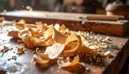 Wood shavings curl on a dark, textured wooden table, illuminated by bright light, suggesting craftsmanship