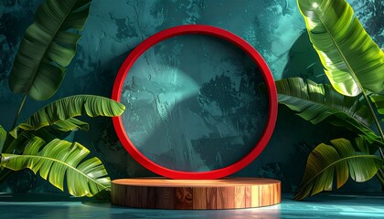 Wood platform with red circle frame against textured teal wall, surrounded by vibrant green tropical leaves