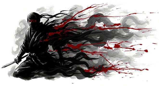 Epic depiction of a silent warrior's deadly swiftness amidst a crimson explosion of power and movement