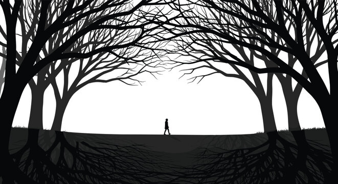 Lonely human silhouette walking through dark forest tunnel of bare trees reflection illustration minimalist nature landscape concept art