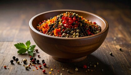 Wooden bowl filled with peppercorns of mixed colors on dark wood table, green leaf garnish