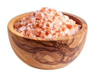 Wooden bowl filled with pink Himalayan salt crystals isolated on white. Food styling with rustic style bowl