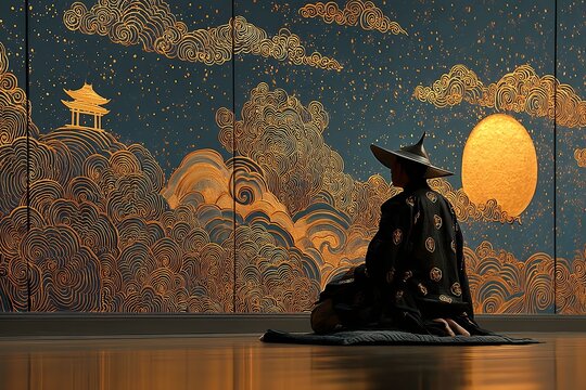 samurai daimyo sits in profile on his black and gold throne