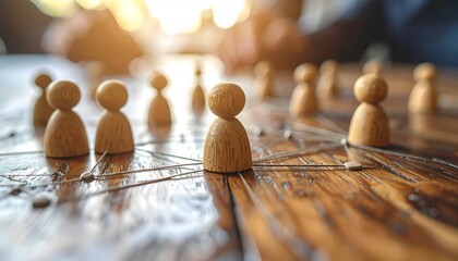 Wooden figurines on a table with connected strings, suggesting network, connection, or hierarchy