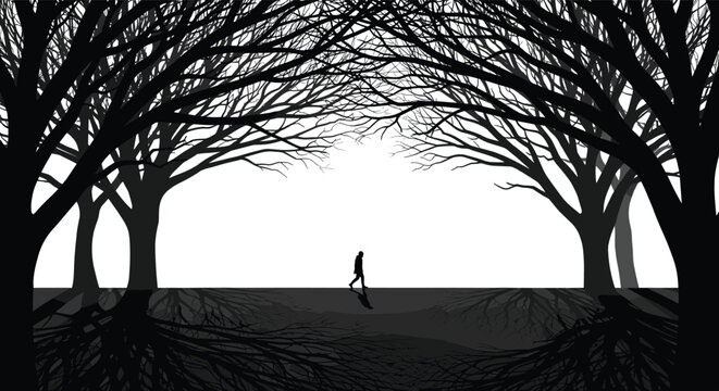 Solitary human silhouette walking through symmetrical dark forest tunnel with bare trees reflection minimalist black and white landscape illustration
