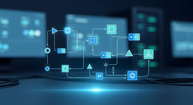 automation workflow icon with connected nodes and pathways, glowing digital UI element sharply focused, no symbols resembling real software, blurred professional tech background