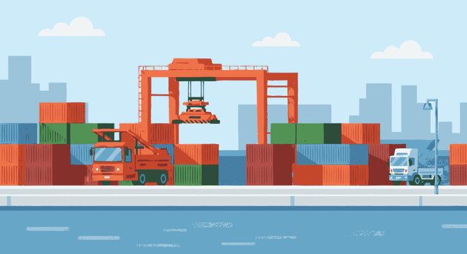 Shipping Containers at Dockyard with Crane.