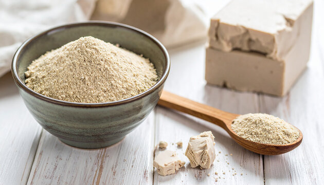 Bowl of granular yeast and fresh yeast block with wooden spoon on white wooden surface baker's yeast