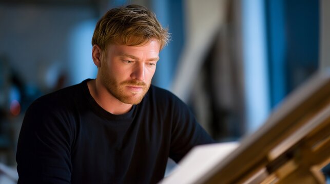 A lightman works diligently to install theater lights, focusing on angles and intensity that complement the overall production design, ensuring each scene on stage is perfectly lit for dramatic