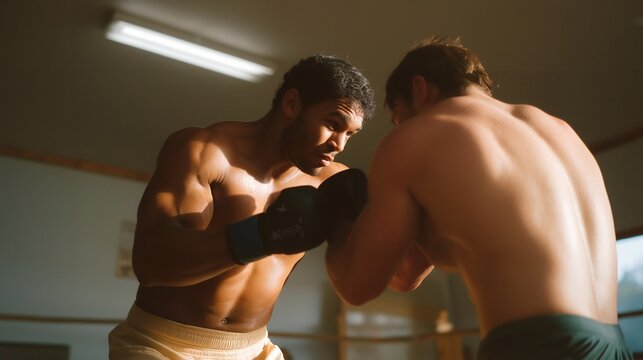Two fighters engaging in a combat sport sparring match inside a dojo, surrounded by motivational quotes on the walls that inspire discipline and commitment in martial arts training. cinematic color