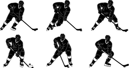Ice hockey player silhouette vector set featuring athletes in various action poses, skating, handling sticks, and shooting pucks on ice. © Shopna