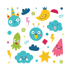 Obraz premium Colorful Cartoon Monsters and Lightning Bolts Keywords: monsters, cartoon, cute, characters