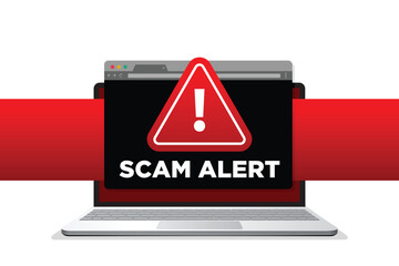 Laptop With Warning Sign. Banner with red scam alert. Attention sign. Flat warning symbol. Vector illustration