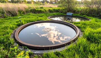Twin circular ponds filled with water reflecting the cloudy sky in a bright green meadow environment