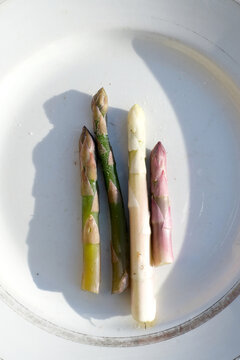 Vibrant Green, White, and Purple Asparagus Spears on a Rustic White Plate
