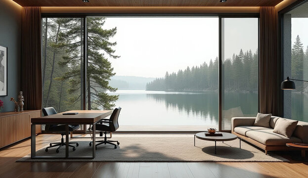 Modern office with lake view and forest, featuring a desk, chairs, and sofa,Virtual background, digital meeting background, ms teams background, zoom background